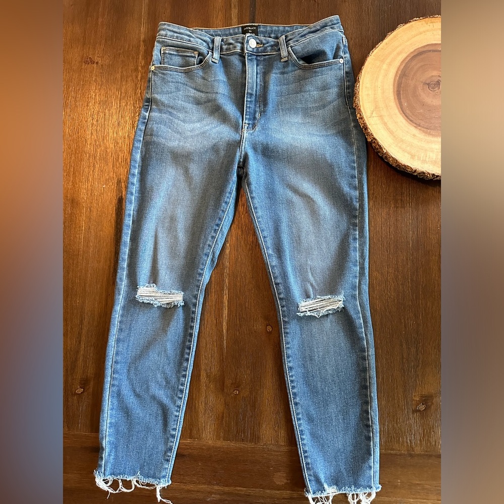 Just black 31 denim jeans raw hem destressed knees made in USA